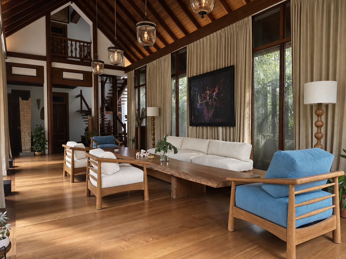A living room with hardwood seating, a live-edge table, tall windows and a pitched timber ceiling