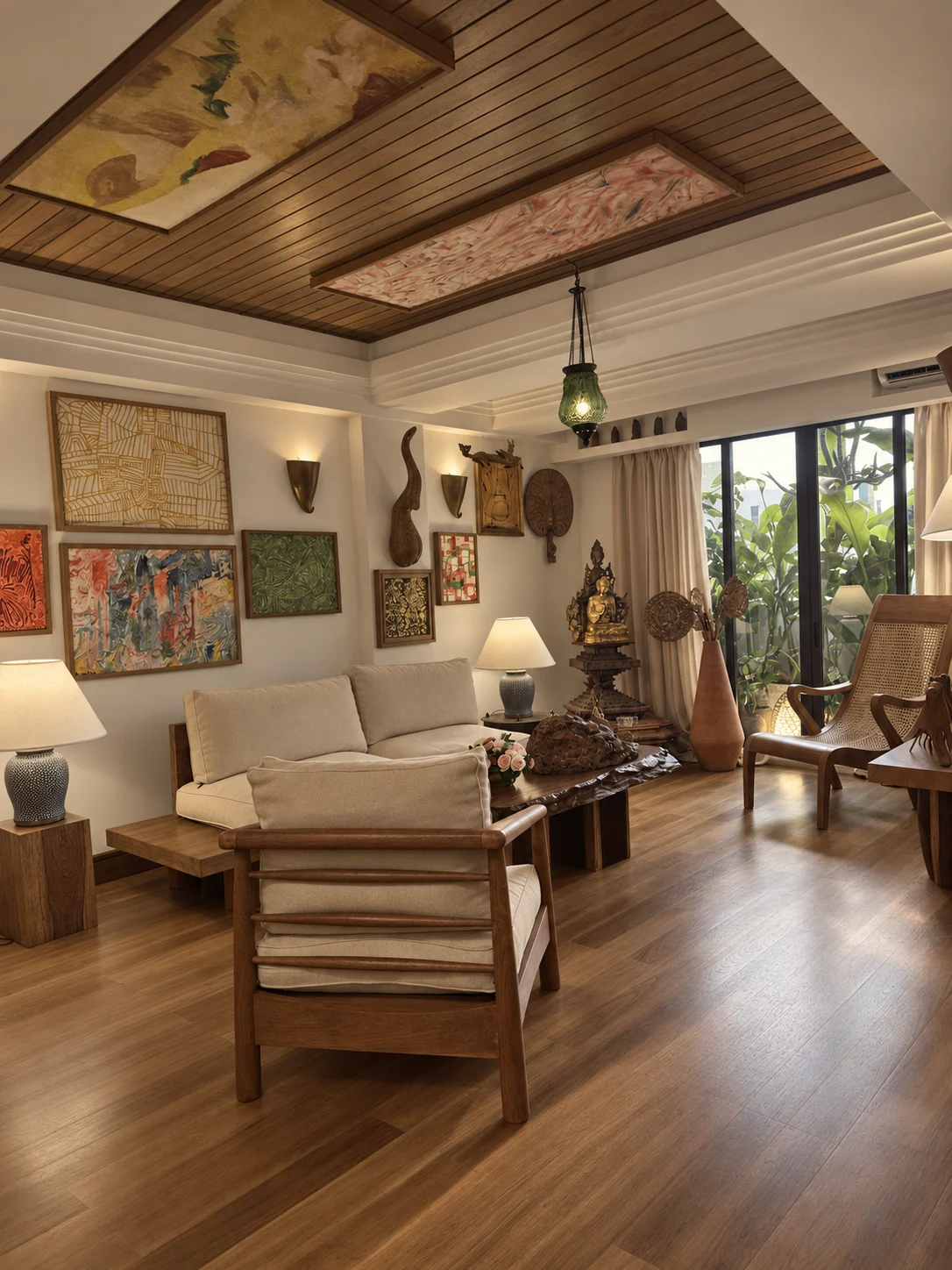 A living room with hardwood seating, a live-edge table, tall windows and a pitched timber ceiling