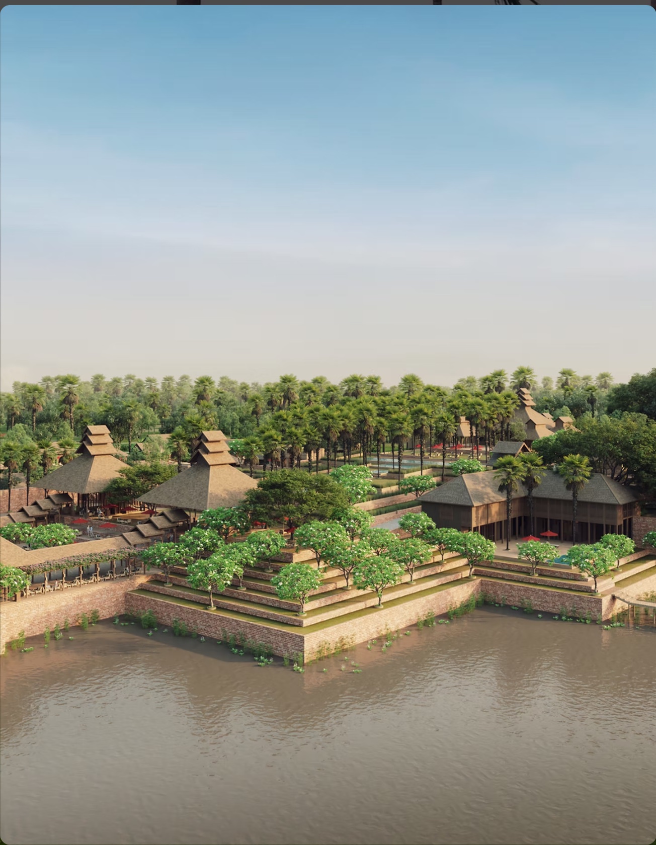 Architectural rendering of the future Gangar Bagan hotel development among palms and waterways